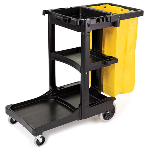 Commercial 3-Shelf Janitor Cart Black with Yellow Zippered Bag, and Lid