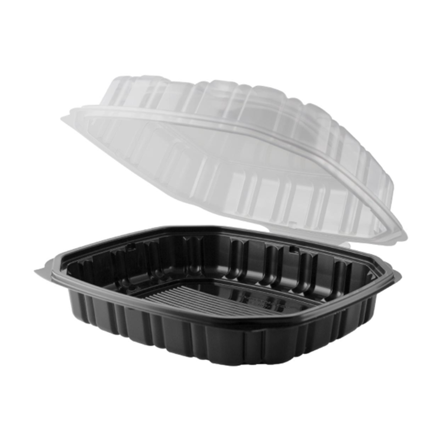 Empress 1-Compartment Polypropylene Hinged 9" x 9" x 3" Vented Food Container Black/Clear Lid, 150/Case